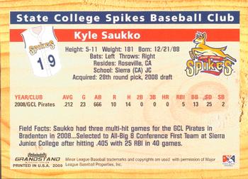 2009 Grandstand State College Spikes #NNO Kyle Saukko Back
