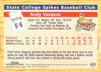 2009 Grandstand State College Spikes #NNO Andy Vasquez Back