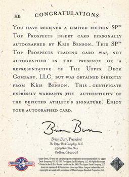 1998 SP Top Prospects - Autographs #KB Kris Benson Back