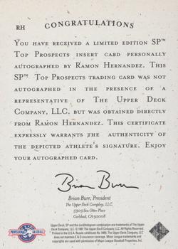1998 SP Top Prospects - Autographs #RH Ramon Hernandez Back