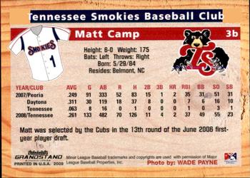 2009 Grandstand Tennessee Smokies #NNO Matt Camp Back