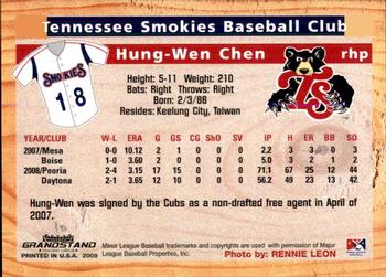 2009 Grandstand Tennessee Smokies #NNO Hung-Wen Chen Back