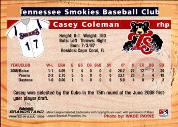 2009 Grandstand Tennessee Smokies #NNO Casey Coleman Back