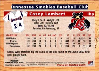 2009 Grandstand Tennessee Smokies #NNO Casey Lambert Back