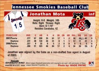 2009 Grandstand Tennessee Smokies #NNO Jonathan Mota Back