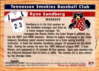 2009 Grandstand Tennessee Smokies #NNO Ryne Sandberg Back