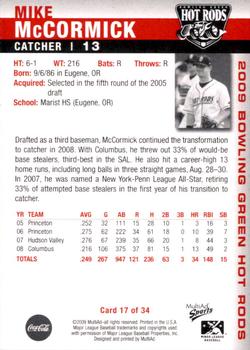 2009 MultiAd Bowling Green Hot Rods #17 Mike McCormick Back