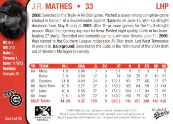2009 MultiAd Iowa Cubs #4 J.R. Mathes Back