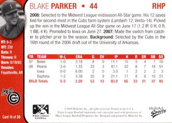 2009 MultiAd Iowa Cubs #16 Blake Parker Back