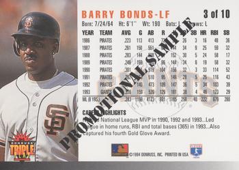 1994 Triple Play - Promotional Samples #3 Barry Bonds Back
