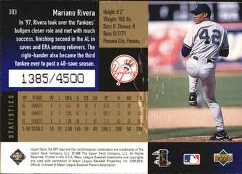 1998 SPx Finite - Radiance #303 Mariano Rivera Back