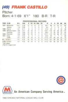 1992 Marathon Chicago Cubs #NNO Frank Castillo Back