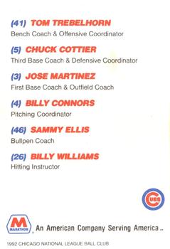 1992 Marathon Chicago Cubs #NNO Tom Trebelhorn / Jose Martinez / Billy Williams / Sammy Ellis / Charles Cottier / Billy Connors Back