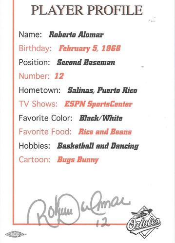 1997 Baltimore Orioles Photocards #NNO Roberto Alomar Back