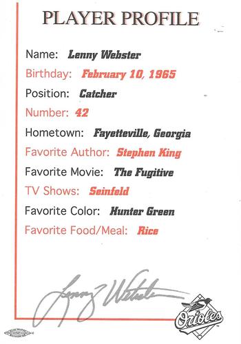 1997 Baltimore Orioles Photocards #NNO Lenny Webster Back