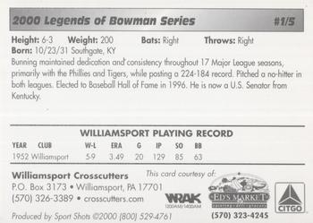 2000 Sport Shots Legends of Bowman Williamsport Crosscutters #1 Jim Bunning Back
