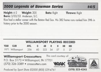 2000 Sport Shots Legends of Bowman Williamsport Crosscutters #4 Jim Rice Back