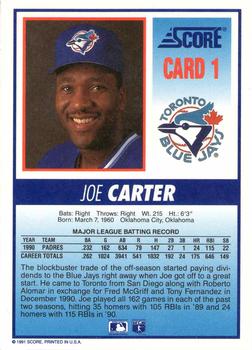 1991 Score Toronto Blue Jays #1 Joe Carter Back