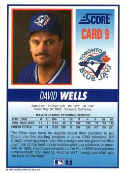 1991 Score Toronto Blue Jays #9 David Wells Back