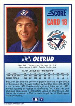 1991 Score Toronto Blue Jays #18 John Olerud Back