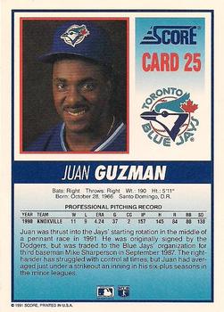 1991 Score Toronto Blue Jays #25 Juan Guzman Back