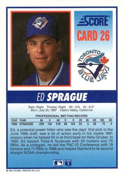 1991 Score Toronto Blue Jays #26 Ed Sprague Back