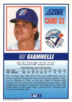 1991 Score Toronto Blue Jays #33 Ray Giannelli Back