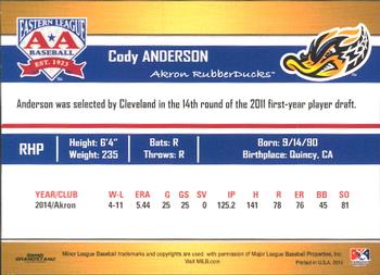 2015 Grandstand Eastern League Top Prospects #NNO Cody Anderson Back