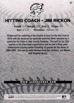 2010 Choice Akron Aeros #27 Jim Rickon Back