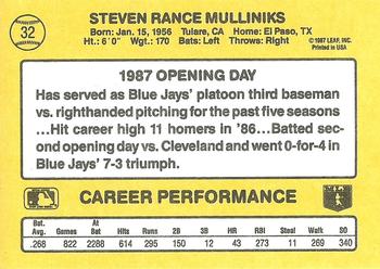 1987 Donruss Opening Day #32 Rance Mulliniks Back