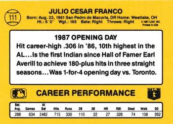 1987 Donruss Opening Day #111 Julio Franco Back