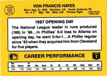 1987 Donruss Opening Day #152 Von Hayes Back