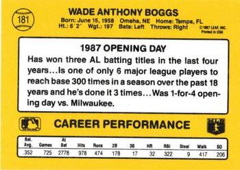1987 Donruss Opening Day #181 Wade Boggs Back