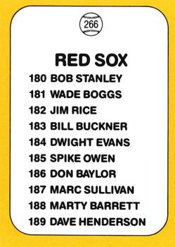 1987 Donruss Opening Day #266 Red Sox Logo/Checklist Back