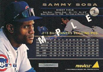 1994 Pinnacle - Samples #3 Sammy Sosa Back