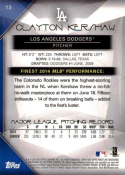 2015 Finest - Refractor #13 Clayton Kershaw Back