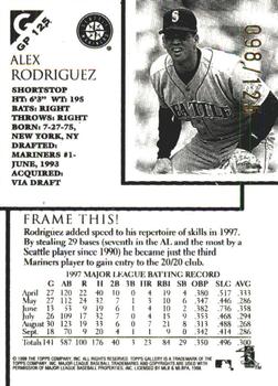 1998 Topps Gallery - Gallery Proofs #GP125 Alex Rodriguez Back