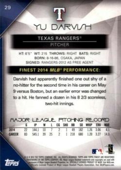 2015 Finest - Blue Refractor #29 Yu Darvish Back