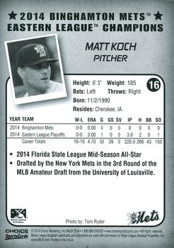 2014 Choice Binghamton Mets Eastern League Champions #16 Matt Koch Back