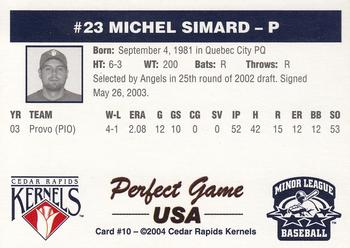 2004 Perfect Game Cedar Rapids Kernels #10 Michel Simard Back