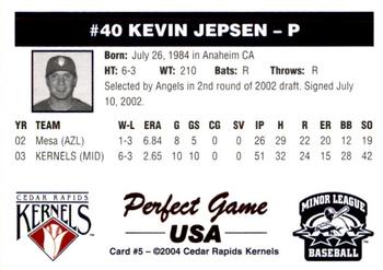 2004 Perfect Game Cedar Rapids Kernels #5 Kevin Jepsen Back