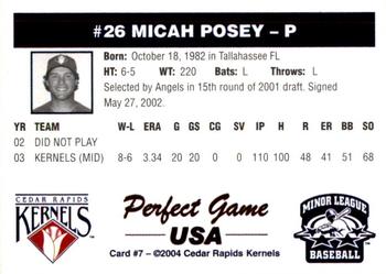 2004 Perfect Game Cedar Rapids Kernels #7 Micah Posey Back