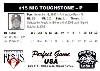 2004 Perfect Game Cedar Rapids Kernels #12 Nic Touchstone Back