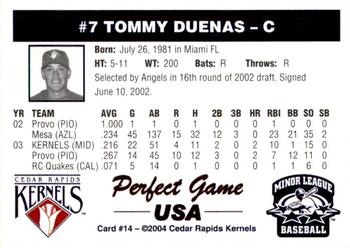 2004 Perfect Game Cedar Rapids Kernels #14 Tommy Duenas Back