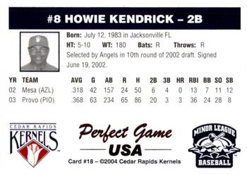 2004 Perfect Game Cedar Rapids Kernels #18 Howie Kendrick Back