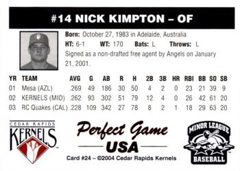 2004 Perfect Game Cedar Rapids Kernels #24 Nick Kimpton Back