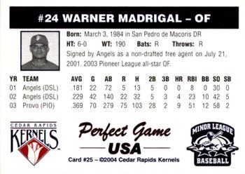 2004 Perfect Game Cedar Rapids Kernels #25 Warner Madrigal Back