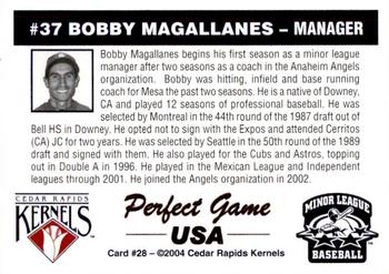 2004 Perfect Game Cedar Rapids Kernels #28 Bobby Magallanes Back