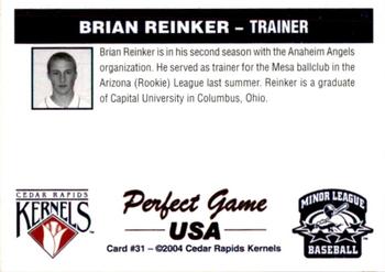 2004 Perfect Game Cedar Rapids Kernels #32 Brian Reinker Back