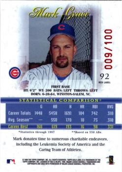 1998 Topps Gold Label - Class 1 Red Label #92 Mark Grace Back